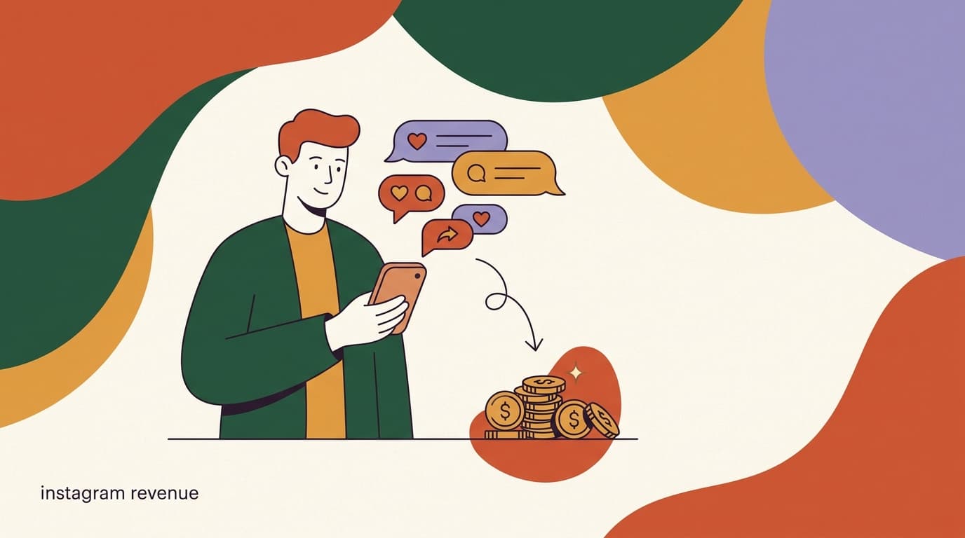 Flat illustration of a creator's chat bubbles turning into coins, on building an Instagram revenue system