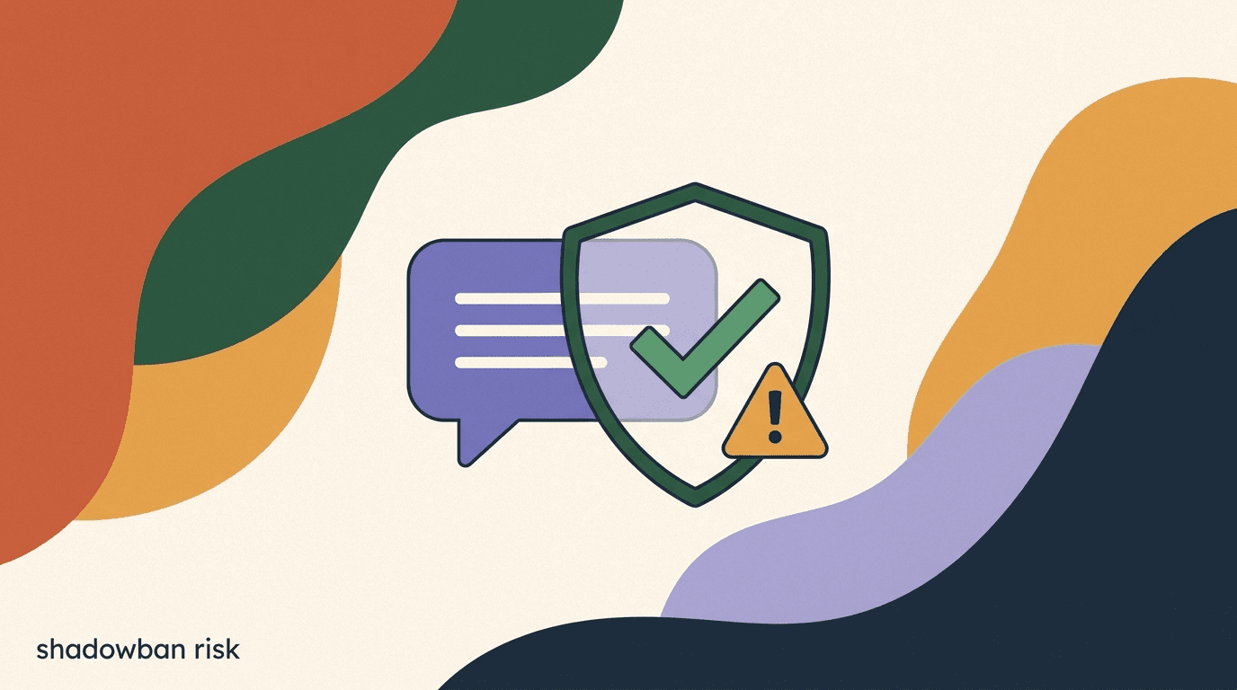 Flat illustration of an Instagram profile behind a dimmed reach meter and a caution sign, on Instagram shadowban automation myths versus reality