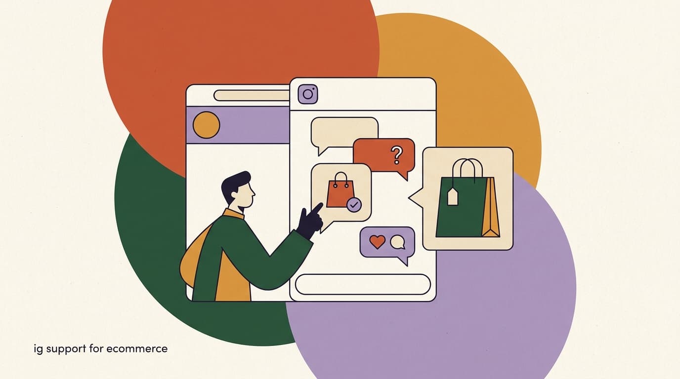 Flat illustration of an Instagram support for e-commerce inbox with DMs, comment-to-DM bubbles, and an AI agent triaging product and order questions