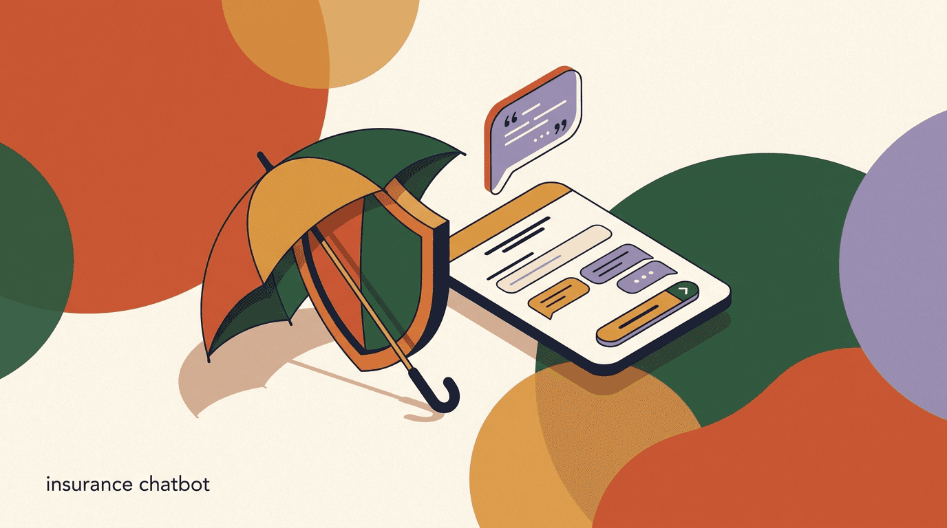 Flat illustration of an insurance chatbot on a phone capturing a quote request and routing a claim to a licensed agent