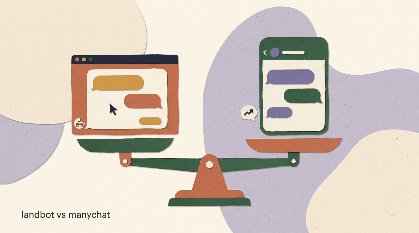 Flat illustration comparing Landbot vs ManyChat — a website chat widget on one side and Instagram DM bubbles on the other, split down the middle