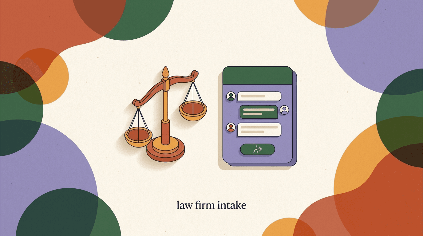 Flat illustration of a law firm chatbot greeting a prospective client and routing an intake form to an attorney, with a balance-scale icon and chat bubbles