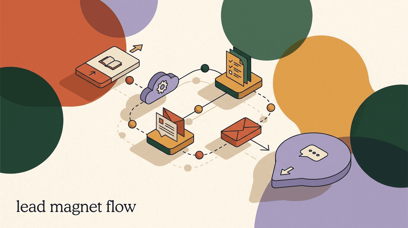Flat illustration of a chat window passing a downloadable file to a phone, showing a lead-magnet delivery flow in DMs from trigger to follow-up