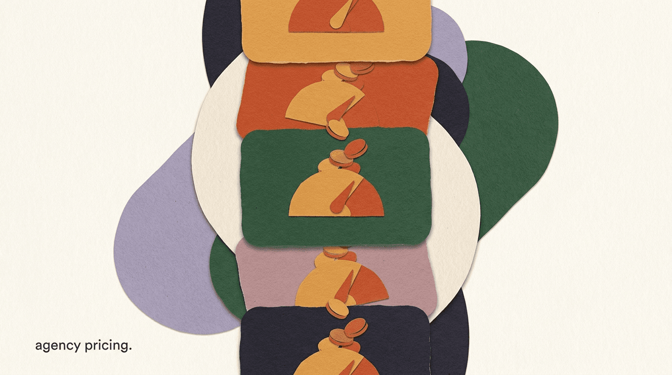Flat illustration of an agency owner managing several client chat workspaces with stacking price tags, on ManyChat agency pricing