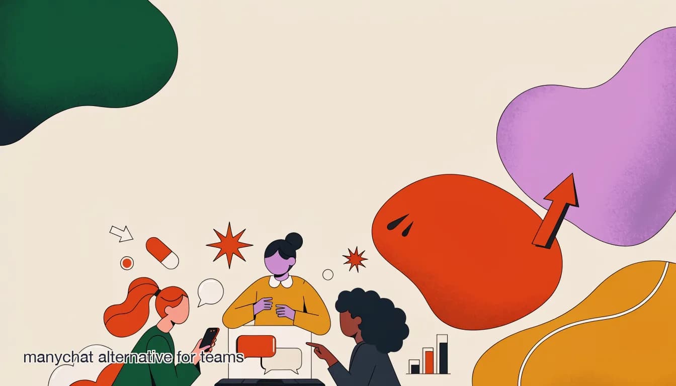 Flat illustration of a team of three people collaborating around a shared chat inbox on a laptop and phone, on The Best ManyChat Alternative for Teams (2026)