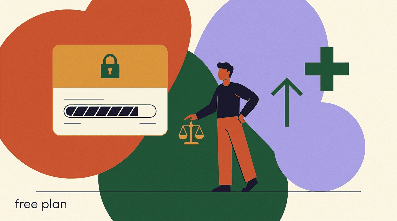Flat illustration of a person inspecting a ManyChat free plan price tag beside a small chat-bubble counter capped at 25, reviewing the ManyChat free plan