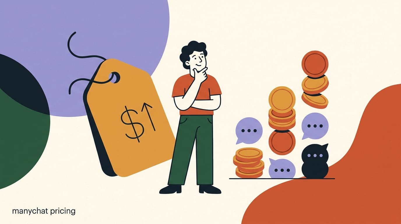 Flat illustration of a person weighing a ManyChat price tag against rising stacks of coins and chat bubbles, on ManyChat pricing in 2026