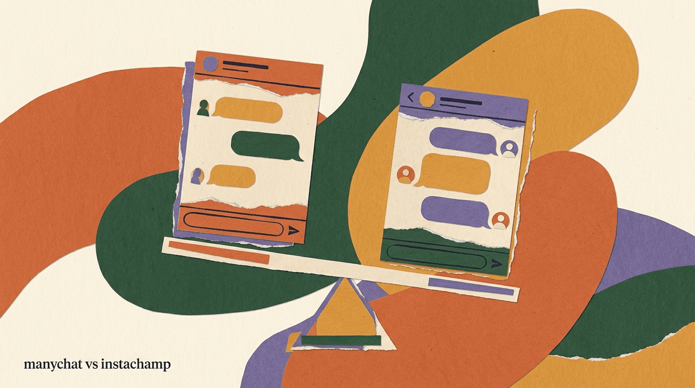 Flat illustration of two chat platforms facing off over Instagram DM bubbles, illustrating ManyChat vs InstaChamp for Instagram automation