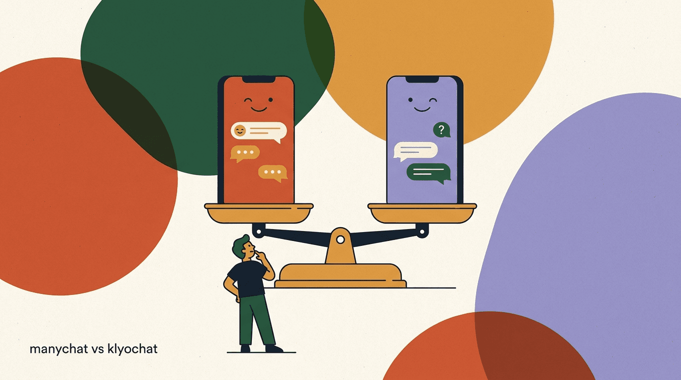 Flat illustration of two chat-app phones balanced on a scale, comparing ManyChat vs KlyoChat feature by feature
