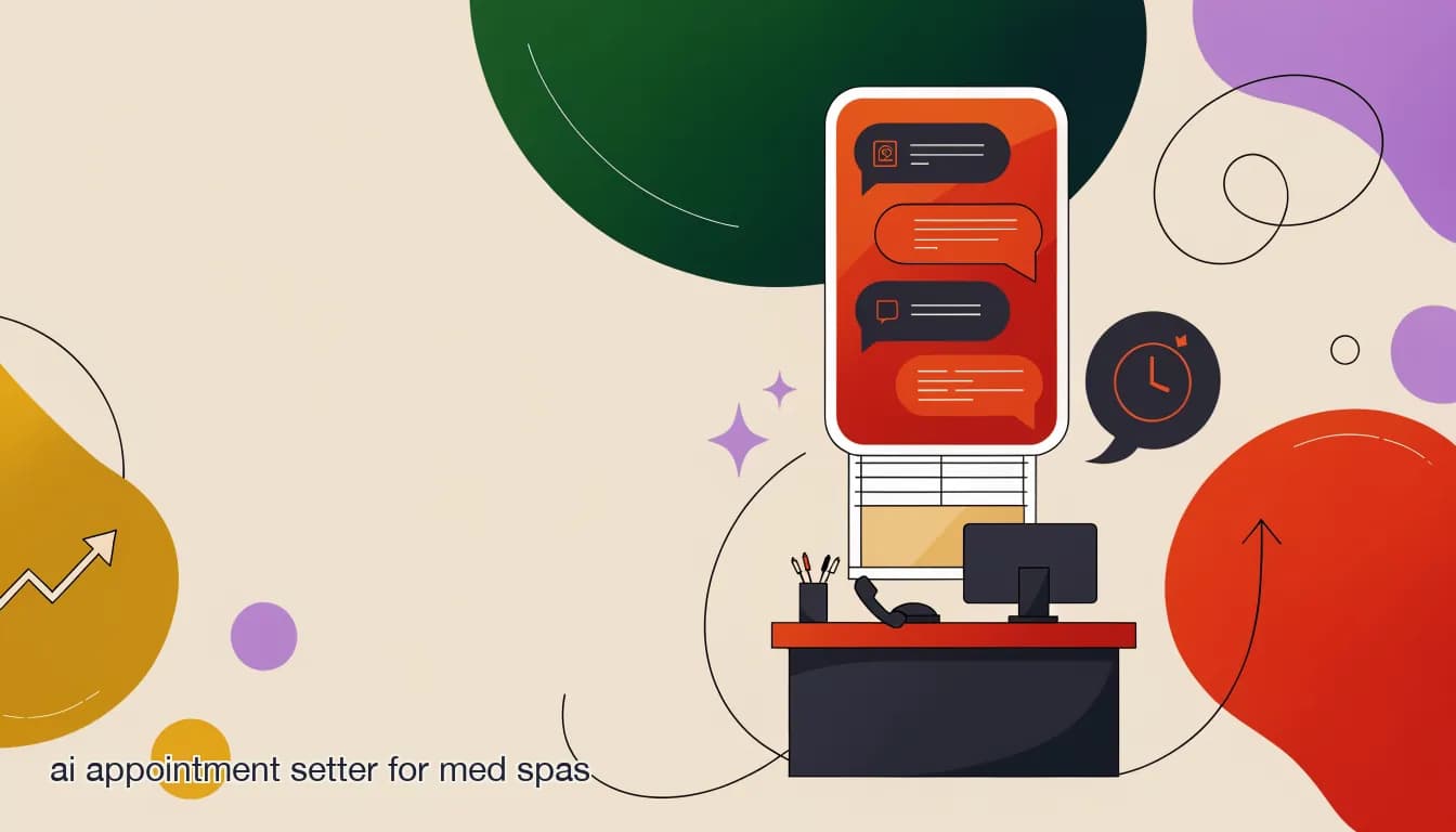 Flat illustration of Med spa front desk with phone screen showing automated DM booking flow and appointment reminder messages for an AI appointment setter, on AI Appointment Setter for Med Spas: Cut No-Shows With Automated Booking in DMs