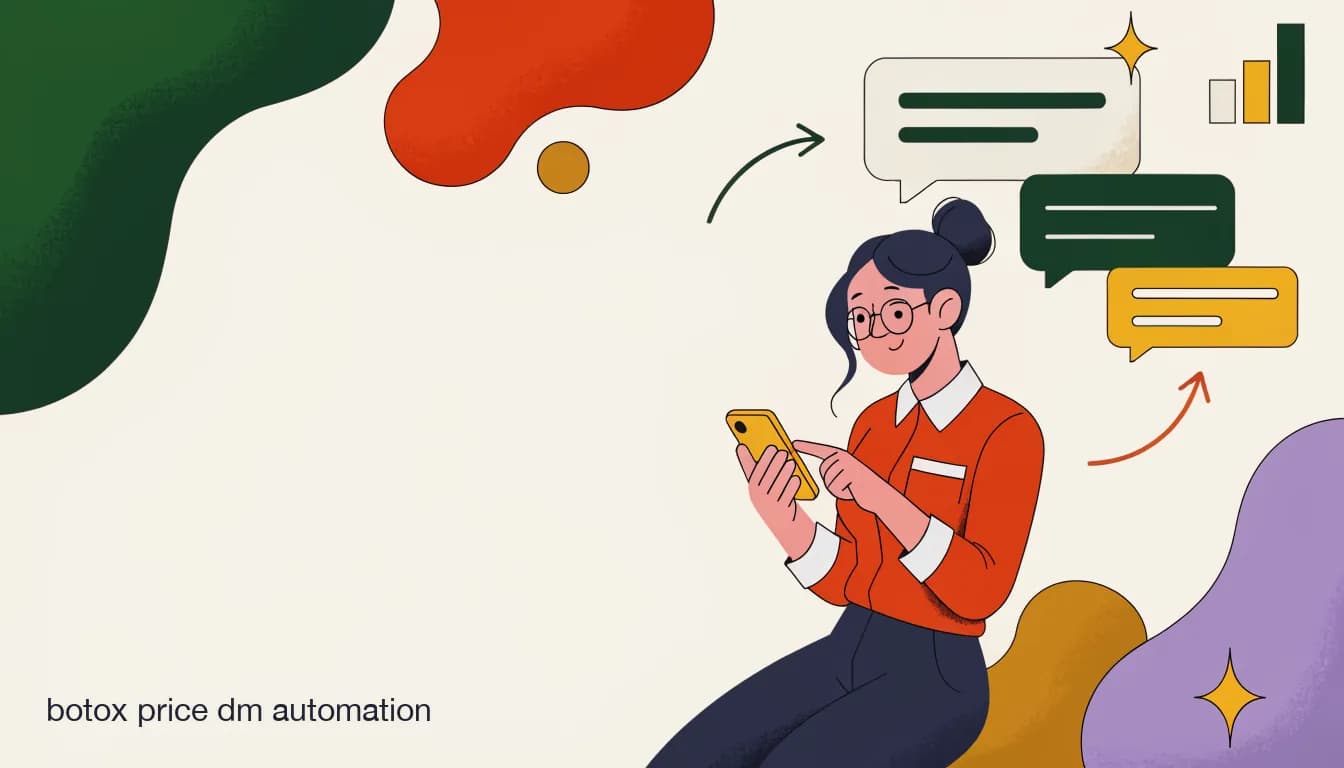 Flat illustration of Med spa injector reviewing a DM pricing script on a phone, illustrating botox price dm automation for aesthetic clinics, on How to Answer "How Much Is Botox?" in DMs Without Losing the Lead