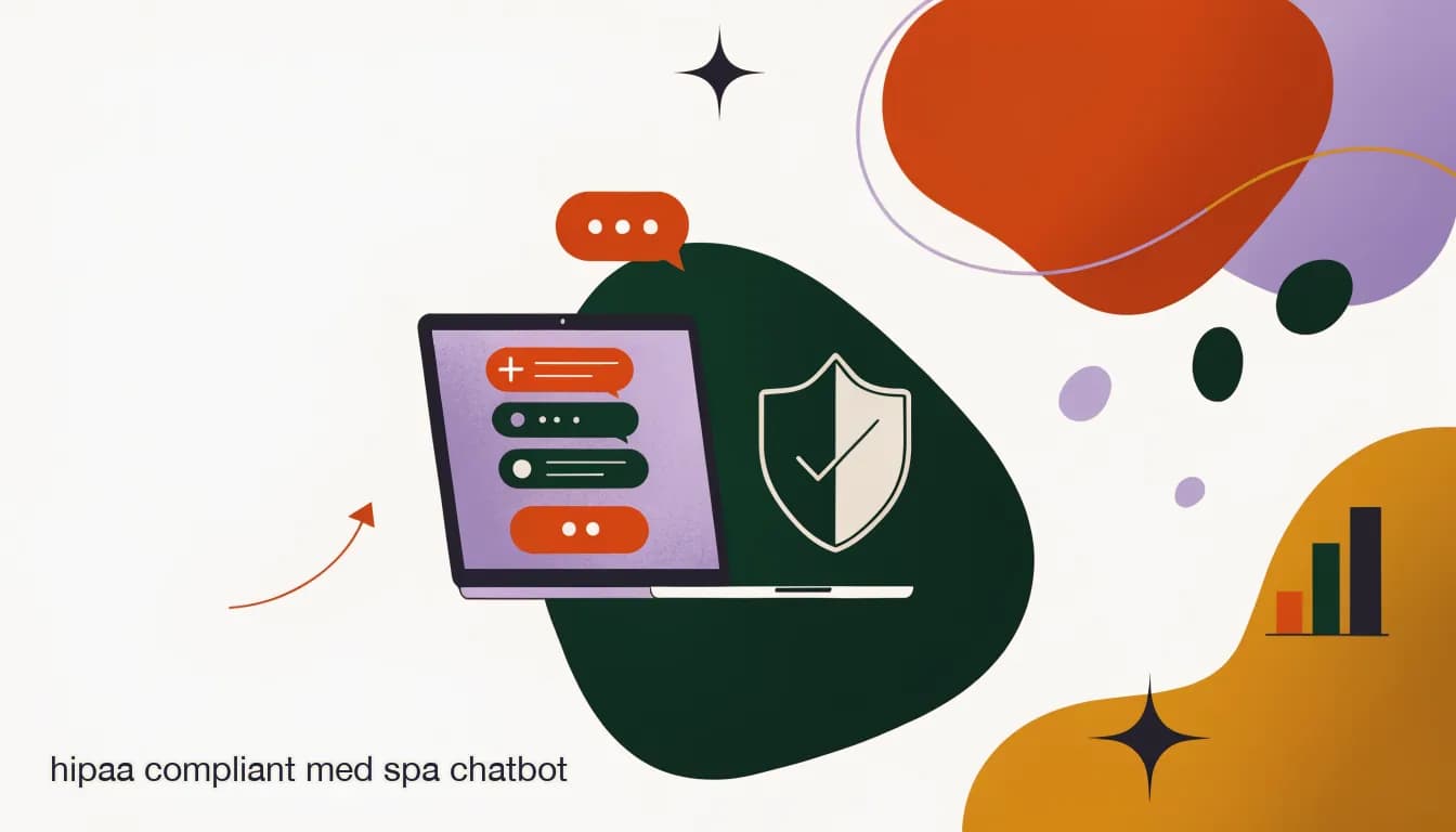 Flat illustration of Medical spa front desk with a laptop showing a chat automation dashboard alongside a privacy shield icon, illustrating HIPAA compliant med spa chatbot setup, on Is an AI Chatbot HIPAA-Compliant for Med Spas? What You Actually Need to Know