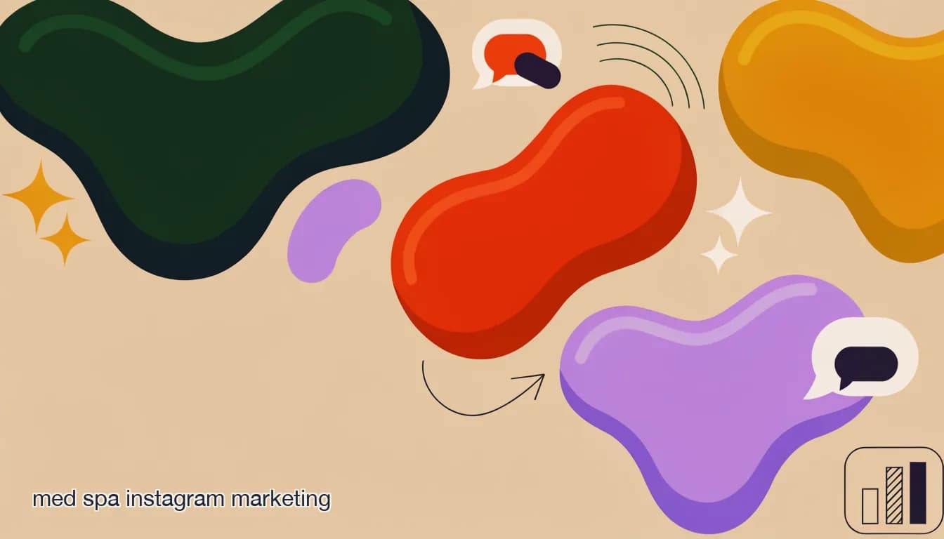 Flat illustration of a med spa Instagram grid with before-and-after posts and DM message bubbles leading to a booking, on Med Spa Instagram Marketing: Turning Before/After Posts Into Booked Consults