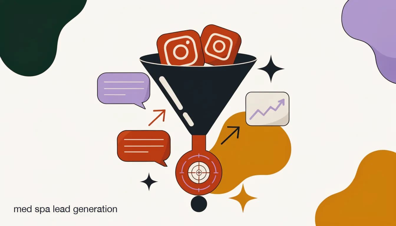 Flat illustration of a funnel showing Instagram traffic entering at the top and DM automation converting it into booked med spa consults, on Med Spa Lead Generation: Why DM Automation Beats a Bigger Ad Budget