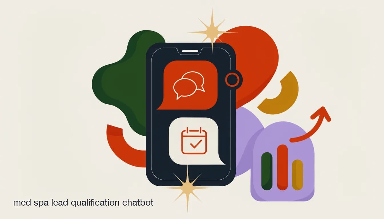 Flat illustration of Smartphone screen showing a friendly med spa DM qualification chatbot conversation asking pre-consult questions before offering a booking link, on The Med Spa DM Qualification Script: What to Ask Before You Book a Consult