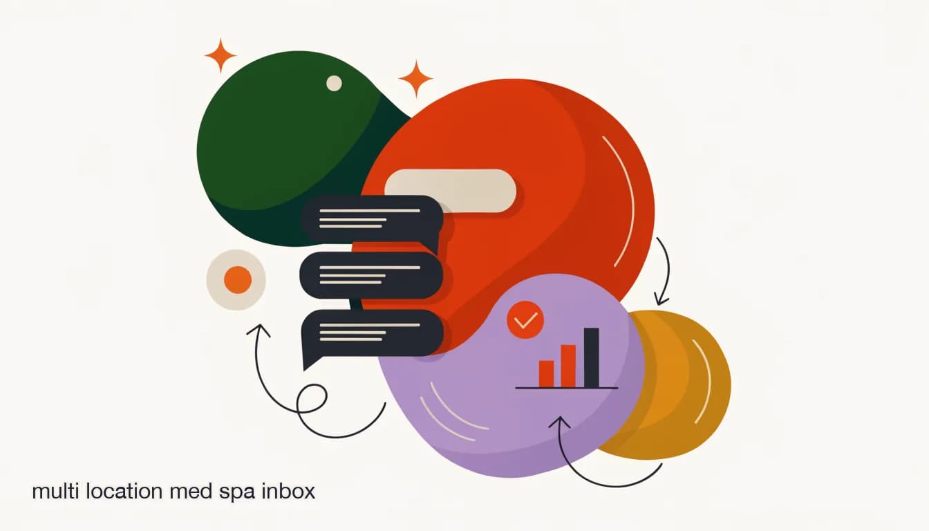 Flat illustration of Shared team inbox dashboard showing multiple med spa location conversations assigned to different front-desk staff members, on Managing DMs Across Multiple Med Spa Locations Without Chaos