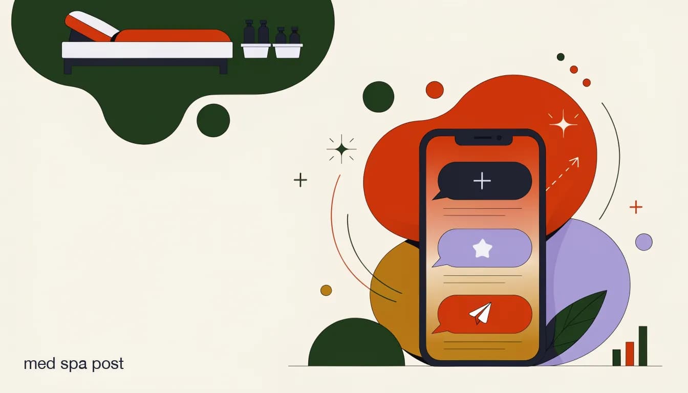 Flat illustration of Med spa treatment room with a smartphone showing automated follow-up message sequences for post-treatment client retention, on Post-Treatment Follow-Up Automation: Turning One Botox Visit Into a Repeat Client