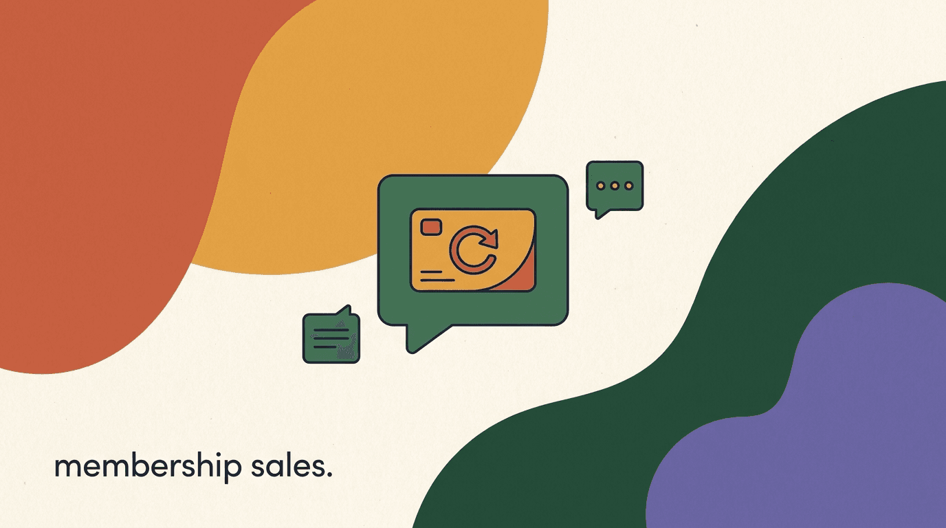 Flat illustration of a creator sending chat bubbles that turn into a recurring subscription card, representing membership DM sales on Instagram