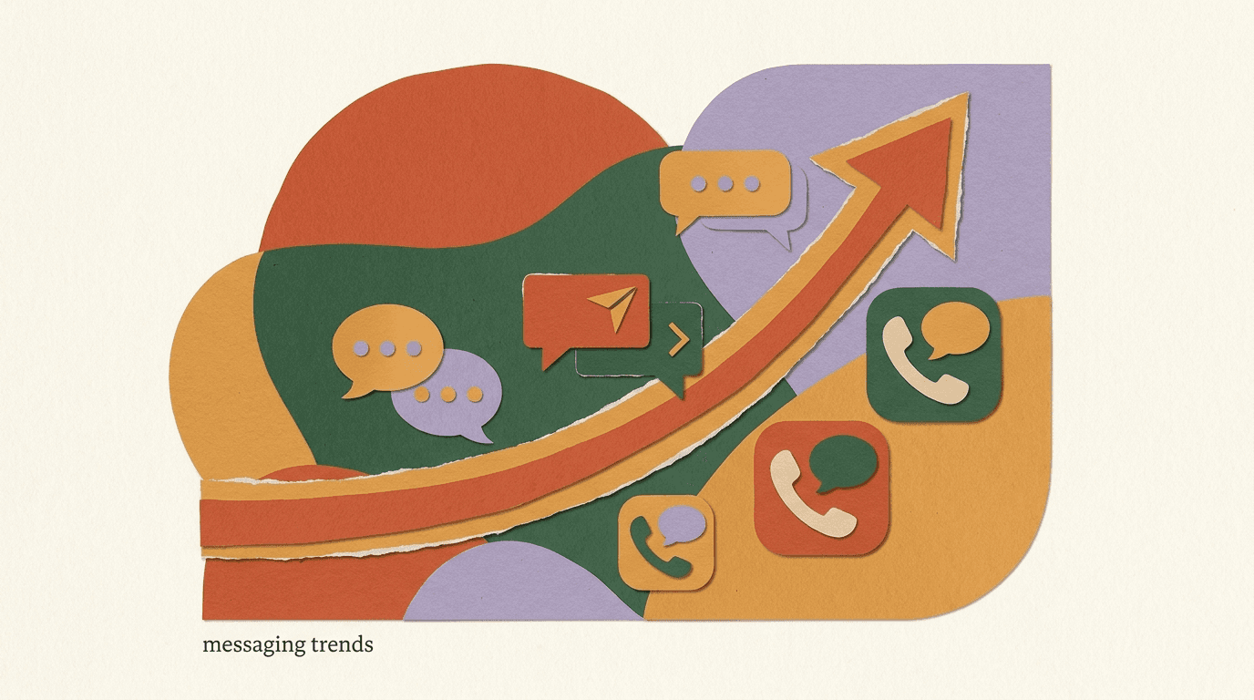 Flat illustration of overlapping chat bubbles from WhatsApp, Instagram, and RCS converging into one inbox, depicting messaging channel trends 2026