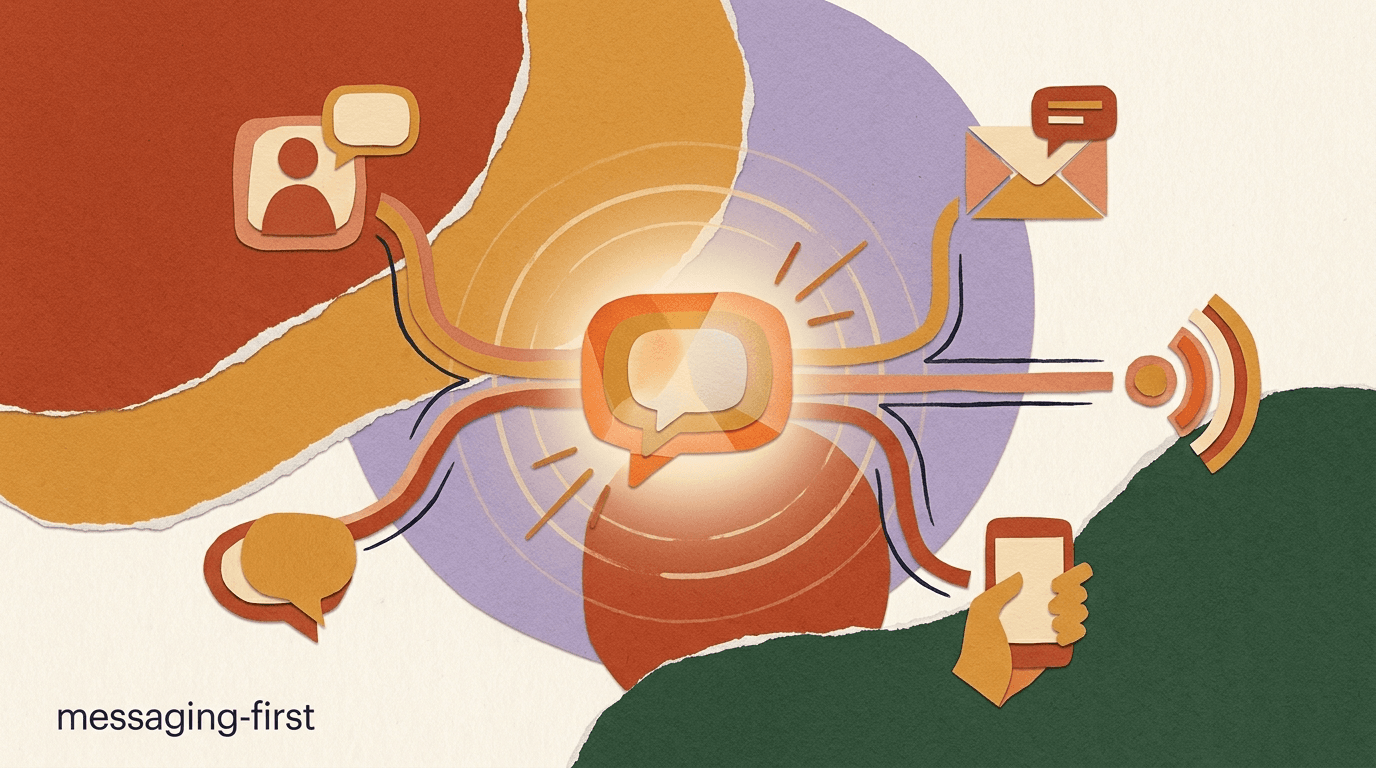 Flat illustration of a messaging-first brand storefront made of chat bubbles, with discovery, sales, and support conversations flowing through one inbox
