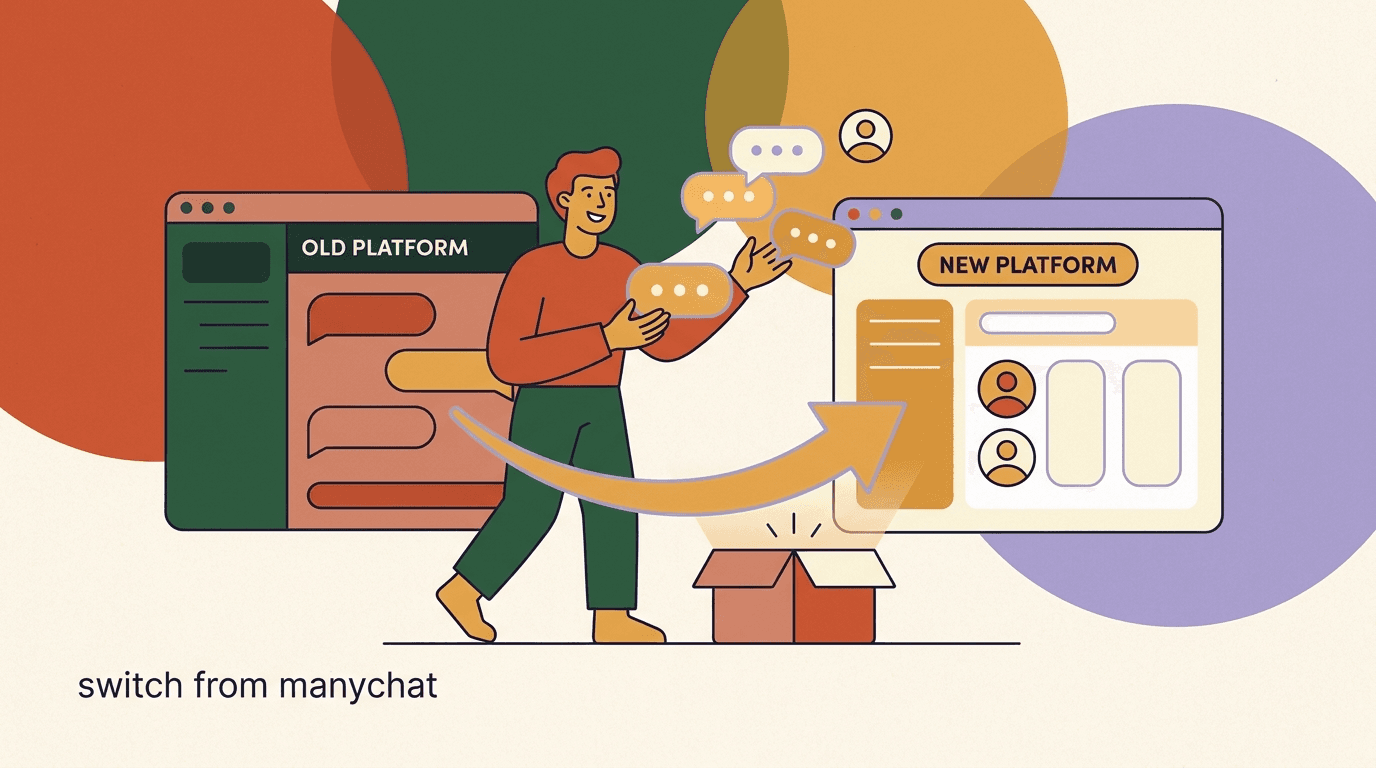 Flat illustration of chat bubbles and contacts moving from an old app to a new one, on migrating from ManyChat to KlyoChat