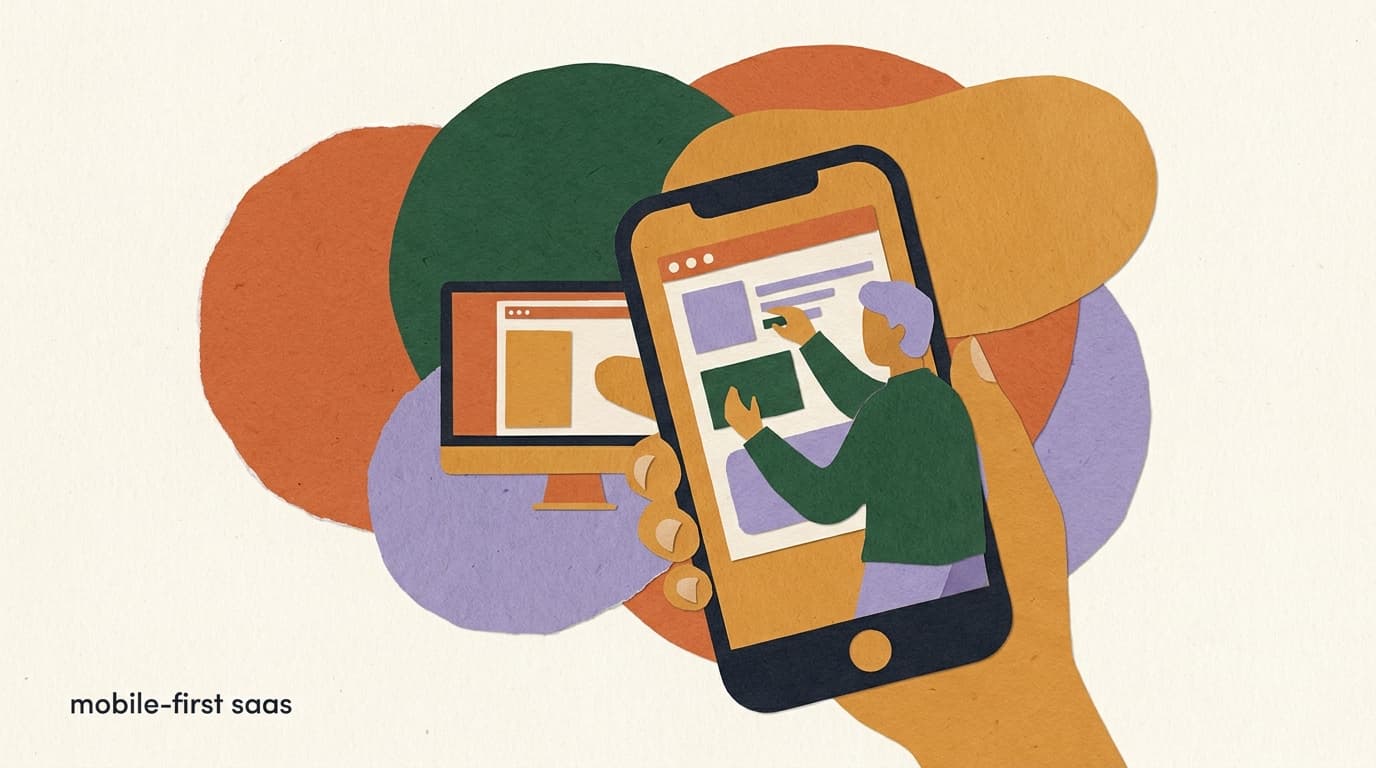 Flat illustration of a small business owner running a mobile-first SaaS app from a phone while a desktop sits unused, on mobile-first SaaS in 2026