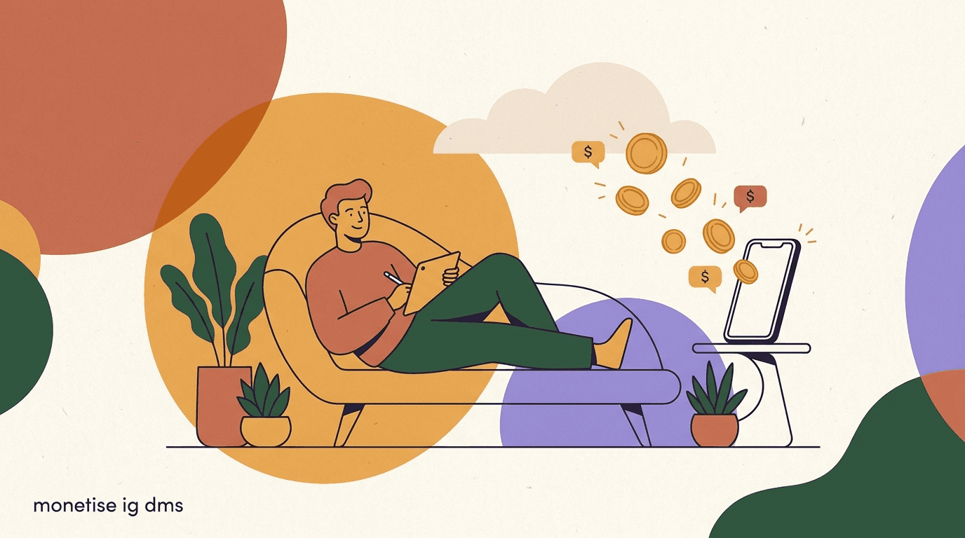 Flat illustration of a creator filming content while automated chat bubbles and an AI agent reply to monetise Instagram DMs in the background