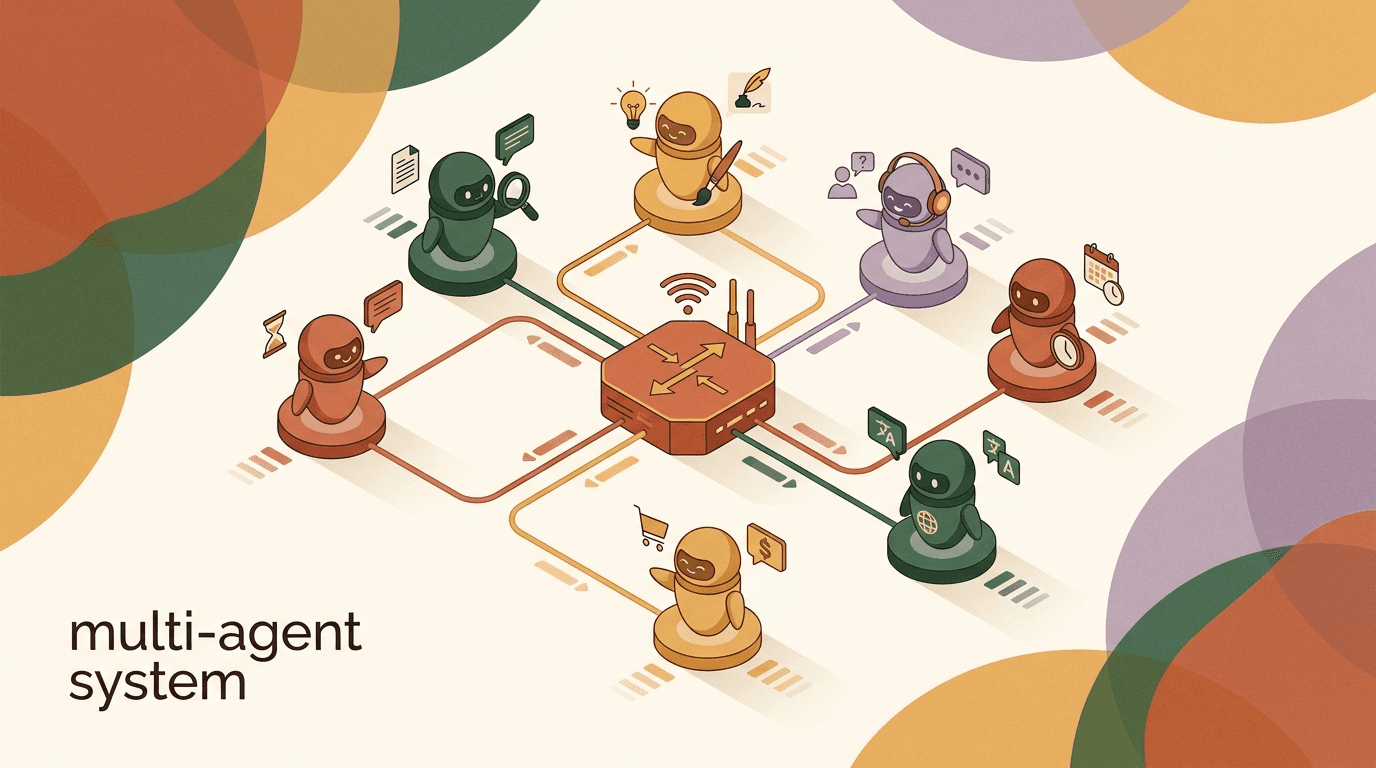 Flat illustration of a multi-agent AI system: three labeled specialist AI agents — sales, support, and booking — passing a chat conversation between them along routing arrows