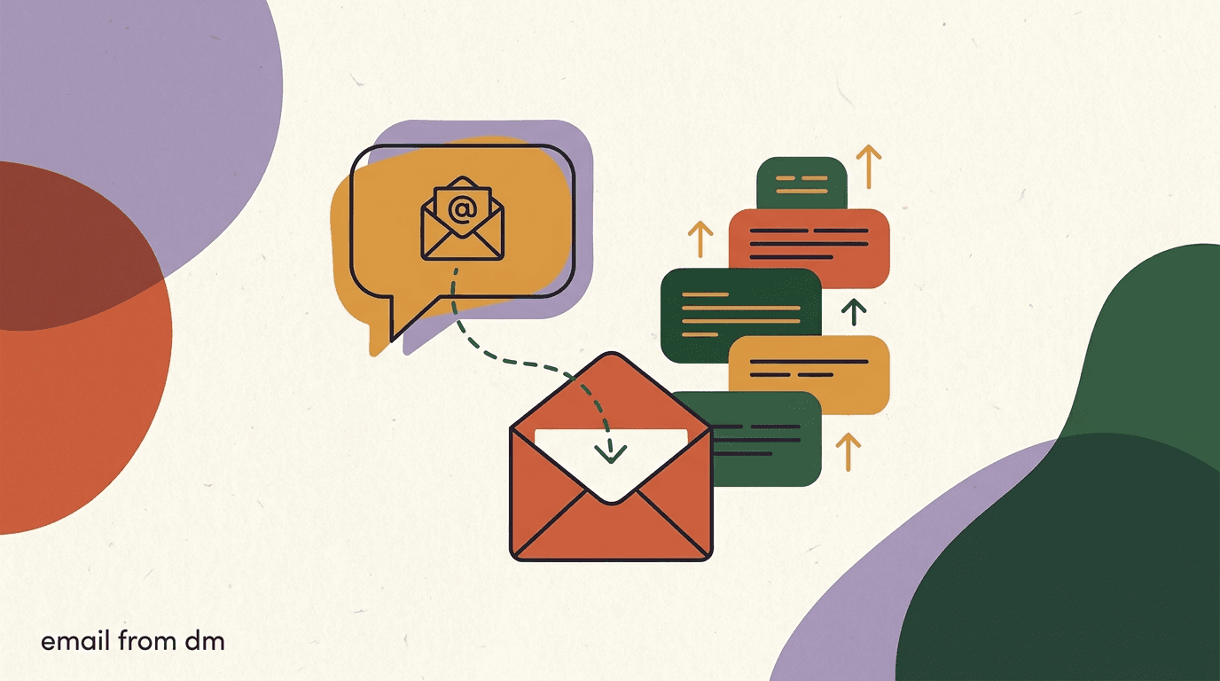 Flat illustration of a creator turning Instagram DM chat bubbles into envelopes flowing into an inbox, showing how to grow email list from Instagram DMs