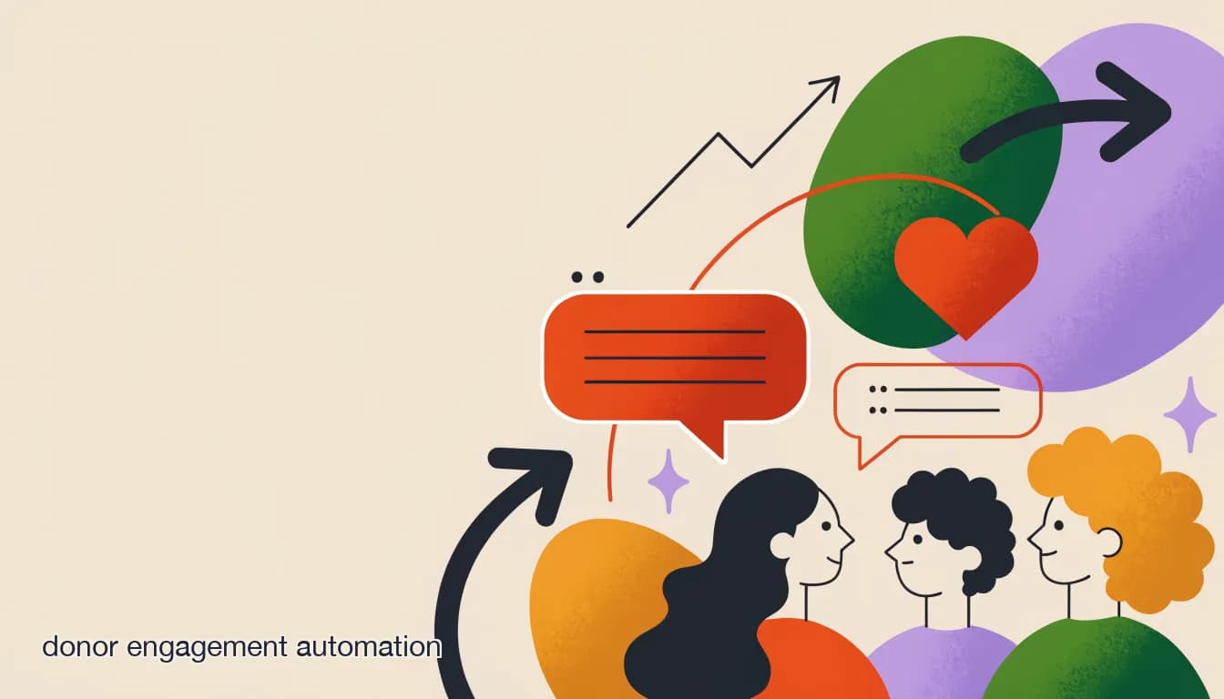 Flat illustration of a donor engagement journey with chat bubbles, a heart icon, and a small nonprofit team, on 15 Donor Engagement Ideas for Nonprofits With Small Teams