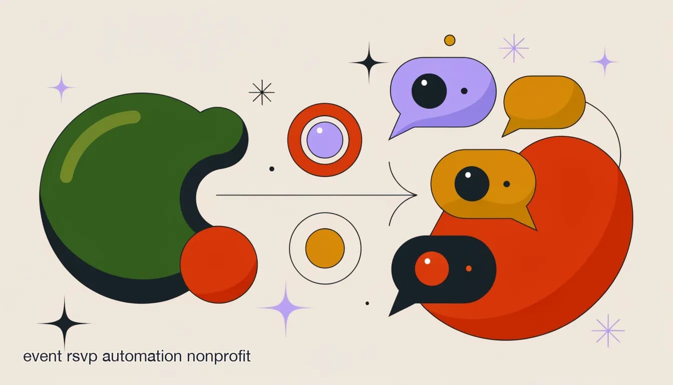 Flat illustration of a nonprofit gala invitation turning into automated RSVP chat bubbles marked yes, no, and maybe, on Fundraiser and Event RSVP Automation for Nonprofits: A Practical Setup Guide