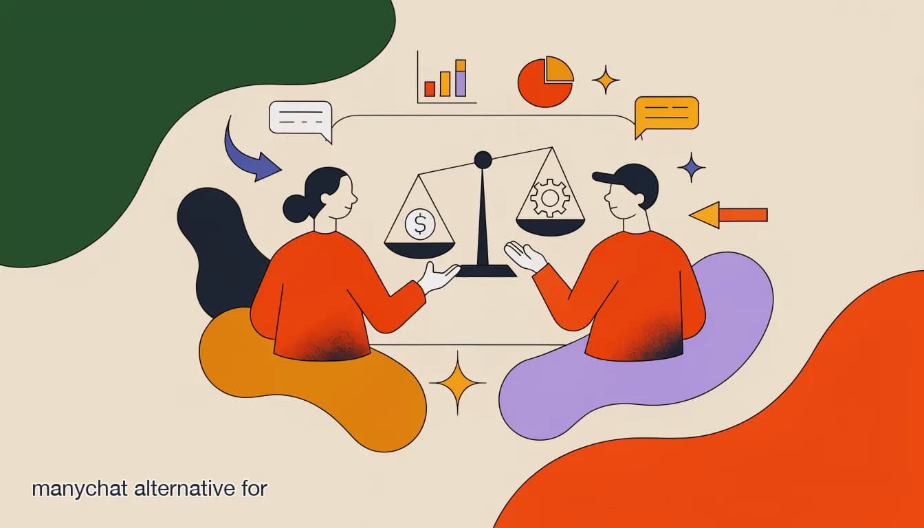Flat illustration of a nonprofit organization comparing chat automation tool options on a whiteboard, weighing a scale of price against features, on The Best ManyChat Alternative for Nonprofits and Membership Organizations (2026)