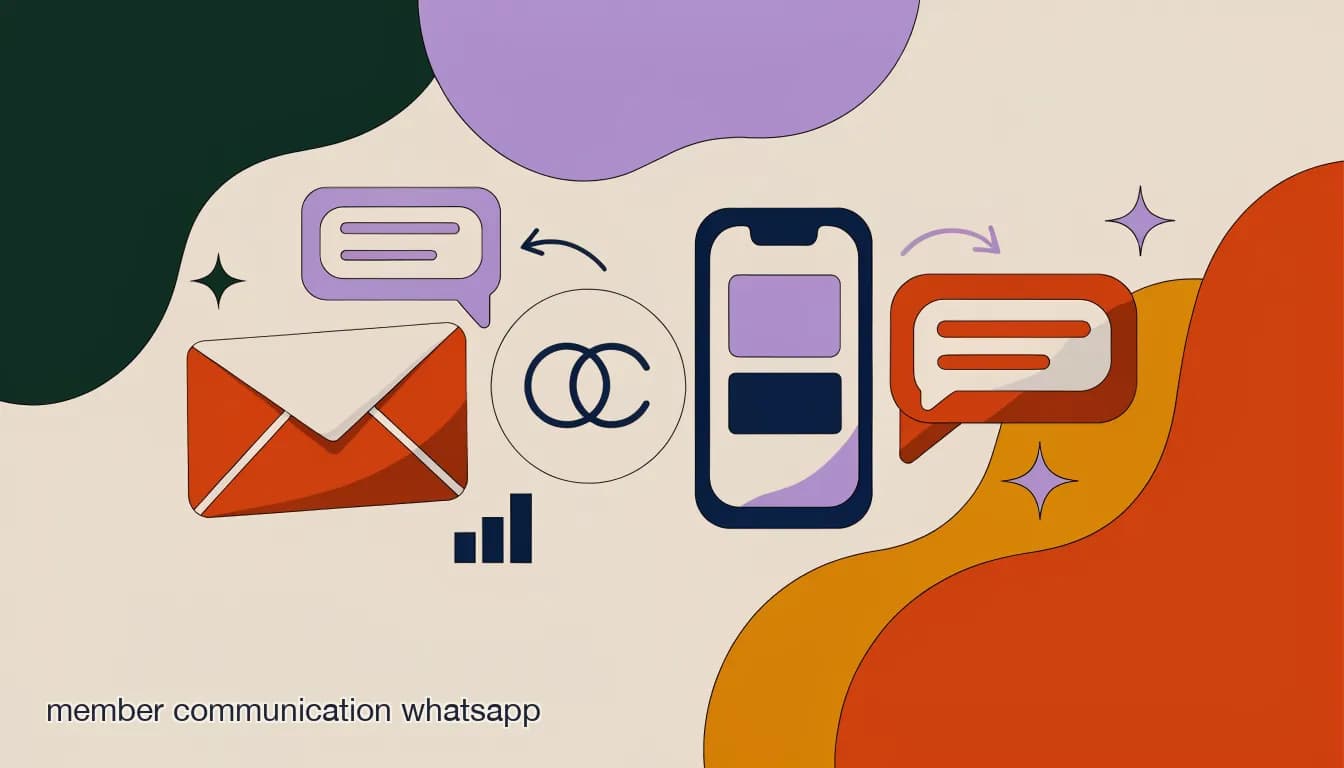 Flat illustration of comparing email, phone, and WhatsApp message icons around a membership organization logo, on Where Should a Membership Organization Actually Communicate With Members?