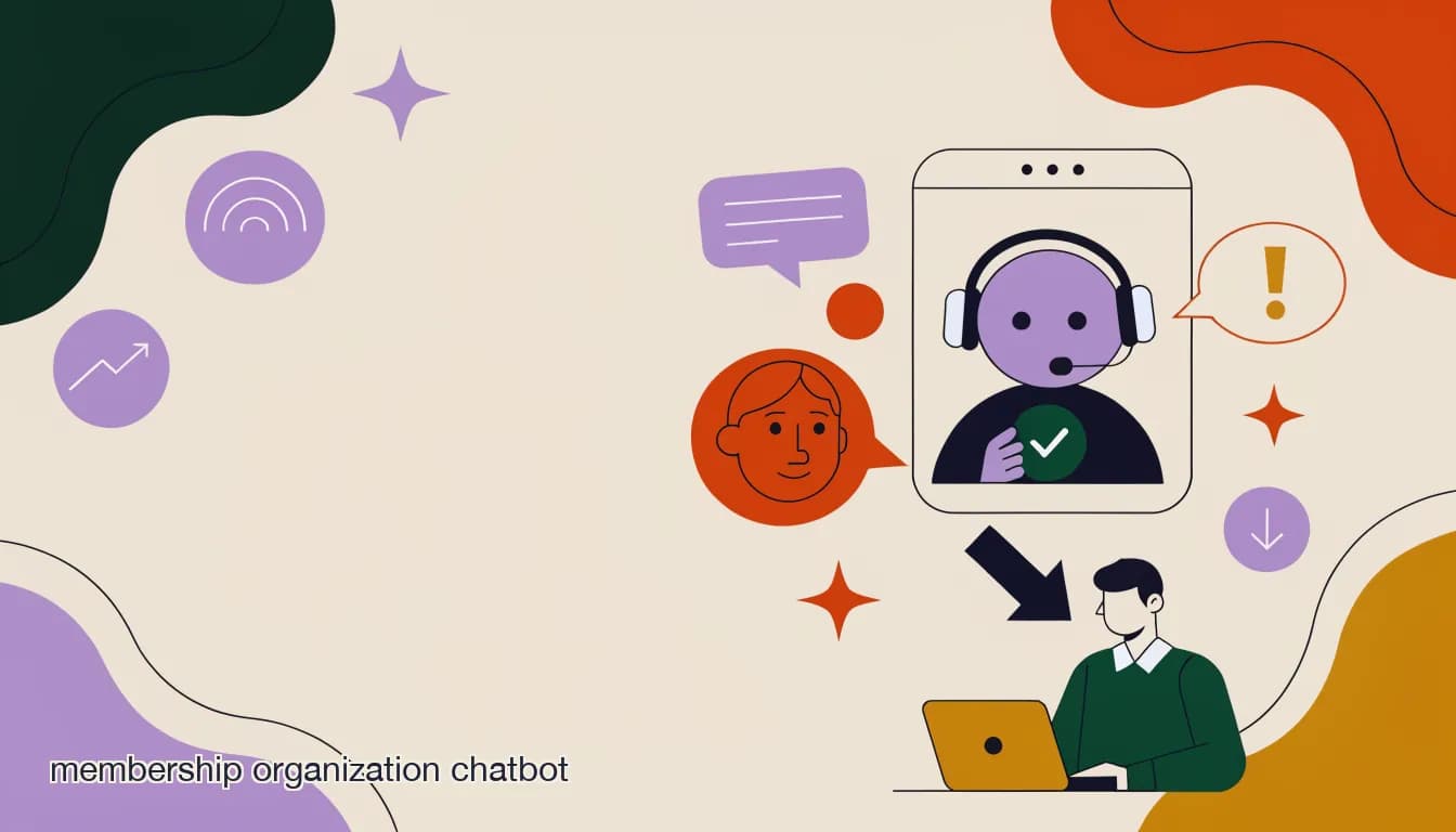 Flat illustration of Illustration of a membership organization chatbot answering a member's renewal question inside a phone chat window, with a handoff arrow to a human staff member, on How to Set Up a Membership Organization Chatbot That Answers Real Questions