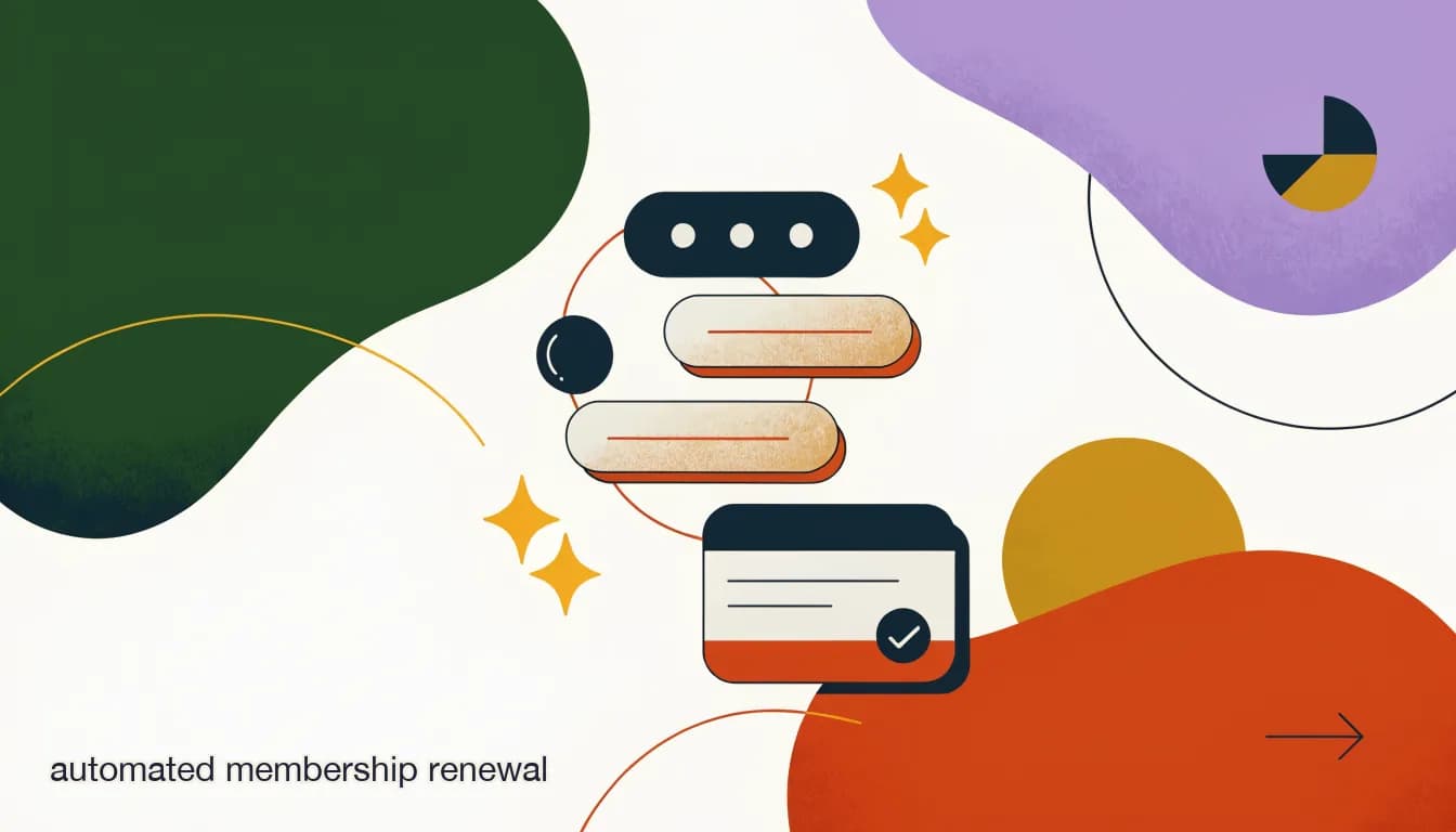 Flat illustration of a membership card with a renewal reminder chat bubble sequence counting down to a renewal date, on Automated Membership Renewal Reminders: A Sequence That Actually Gets Renewals