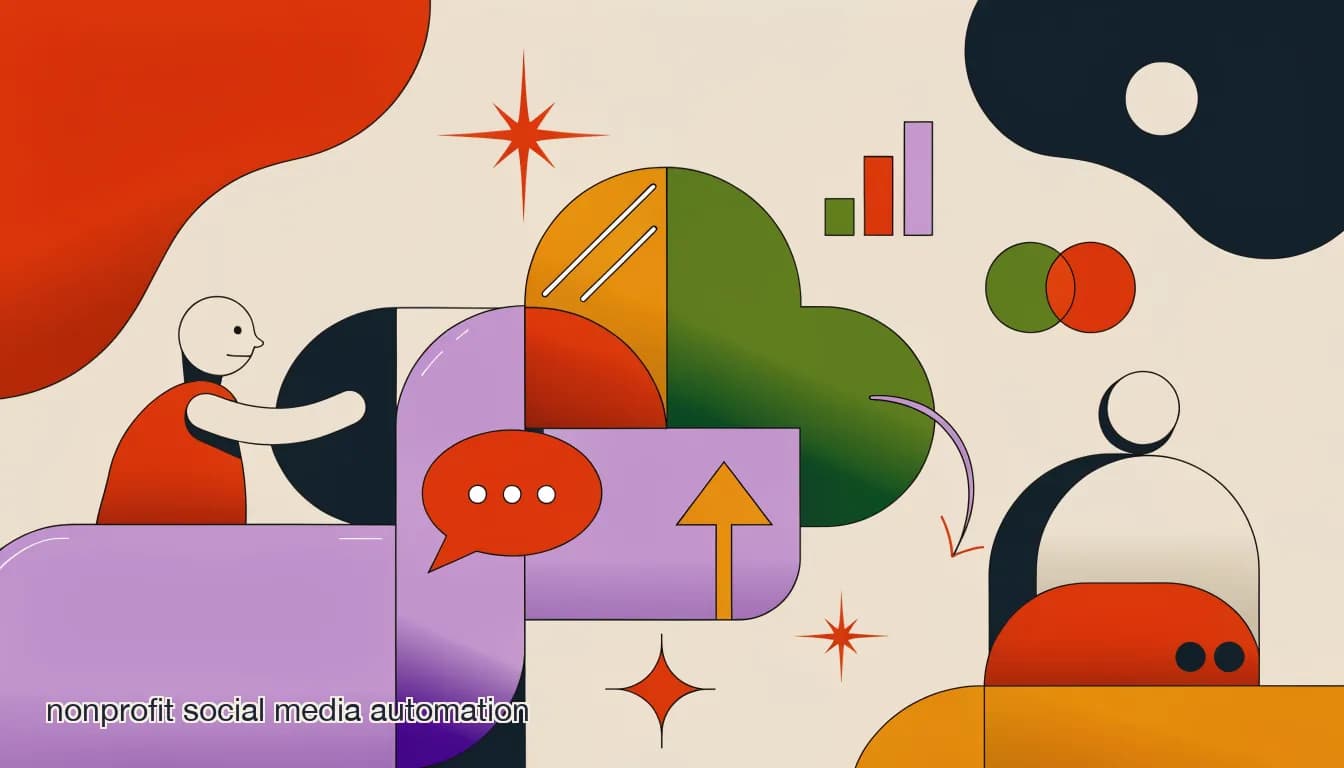 Flat illustration of a small nonprofit team managing donor and member messages across social channels from one shared inbox, on Nonprofit Social Media Automation: A Practical Guide for Small Teams