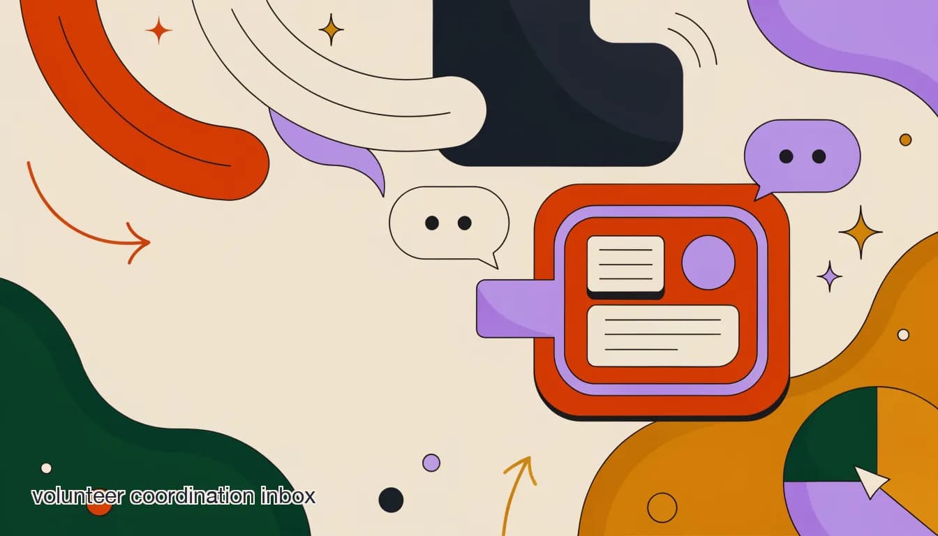 Flat illustration of several volunteers' chat messages flowing into one shared inbox screen, replacing a single coordinator's overloaded phone, on The Volunteer Coordination Inbox: How Nonprofits Stop Losing Messages Between Shifts