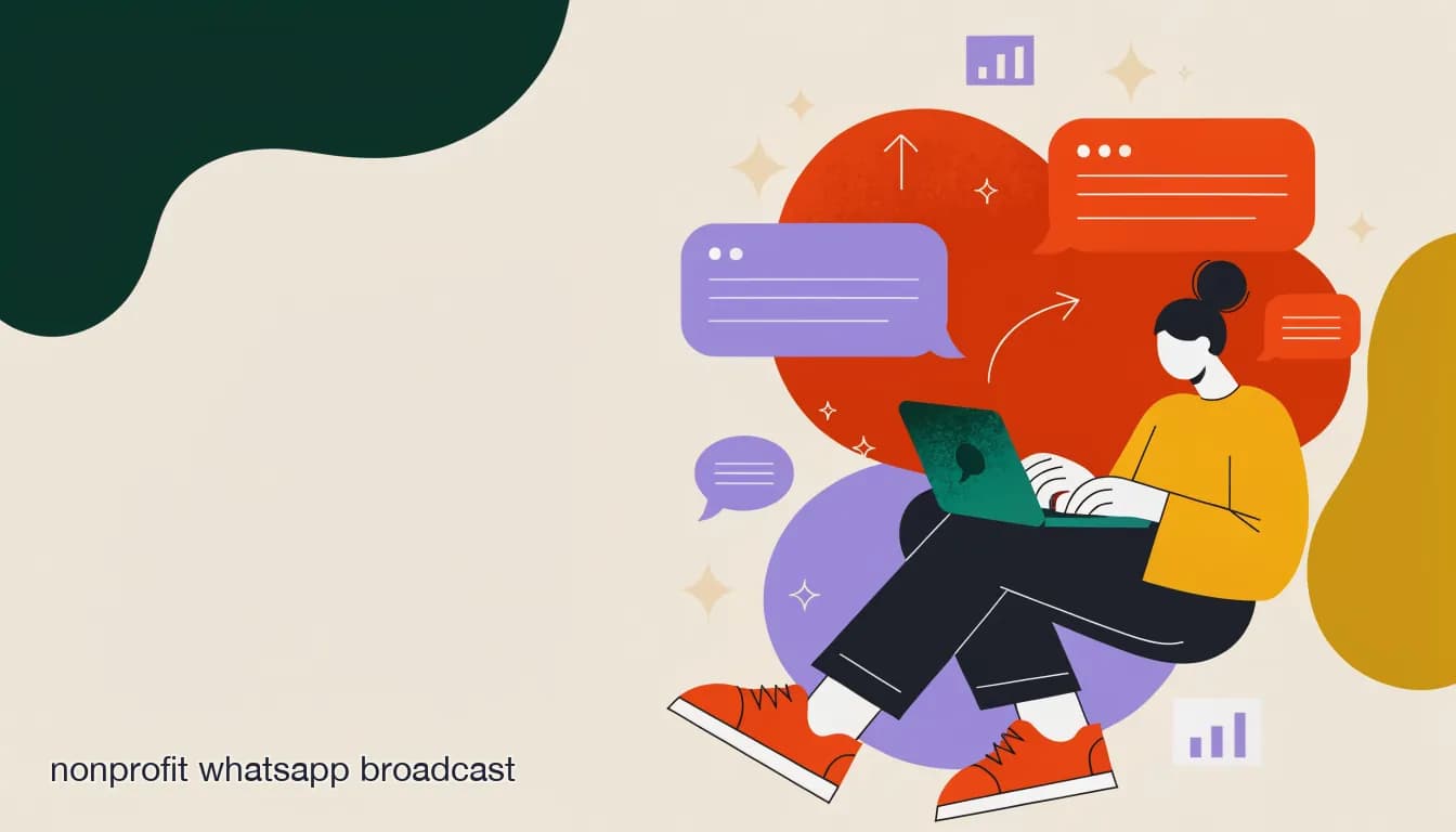 Flat illustration of Nonprofit staff member sending a WhatsApp broadcast to donors and members from a laptop, with message bubbles showing a fundraising update, on How to Send Nonprofit WhatsApp Broadcasts Donors Actually Open