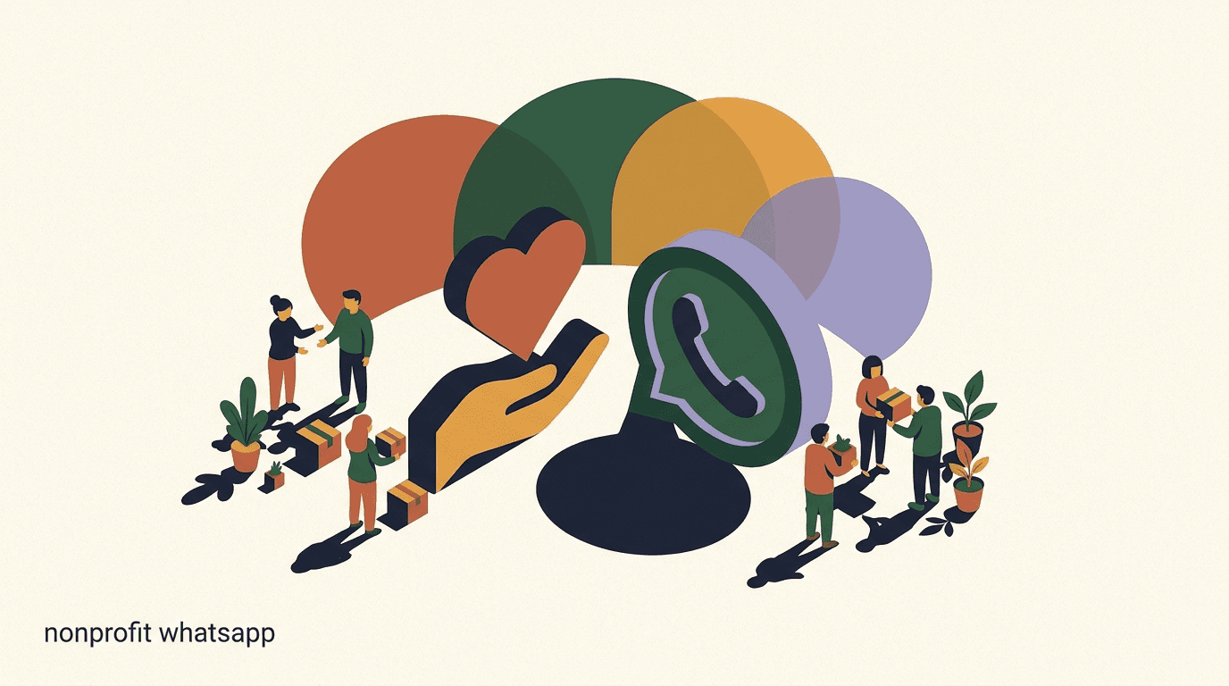 Flat illustration of a nonprofit WhatsApp inbox with donor thank-you, volunteer shift and campaign update chat bubbles around a heart icon