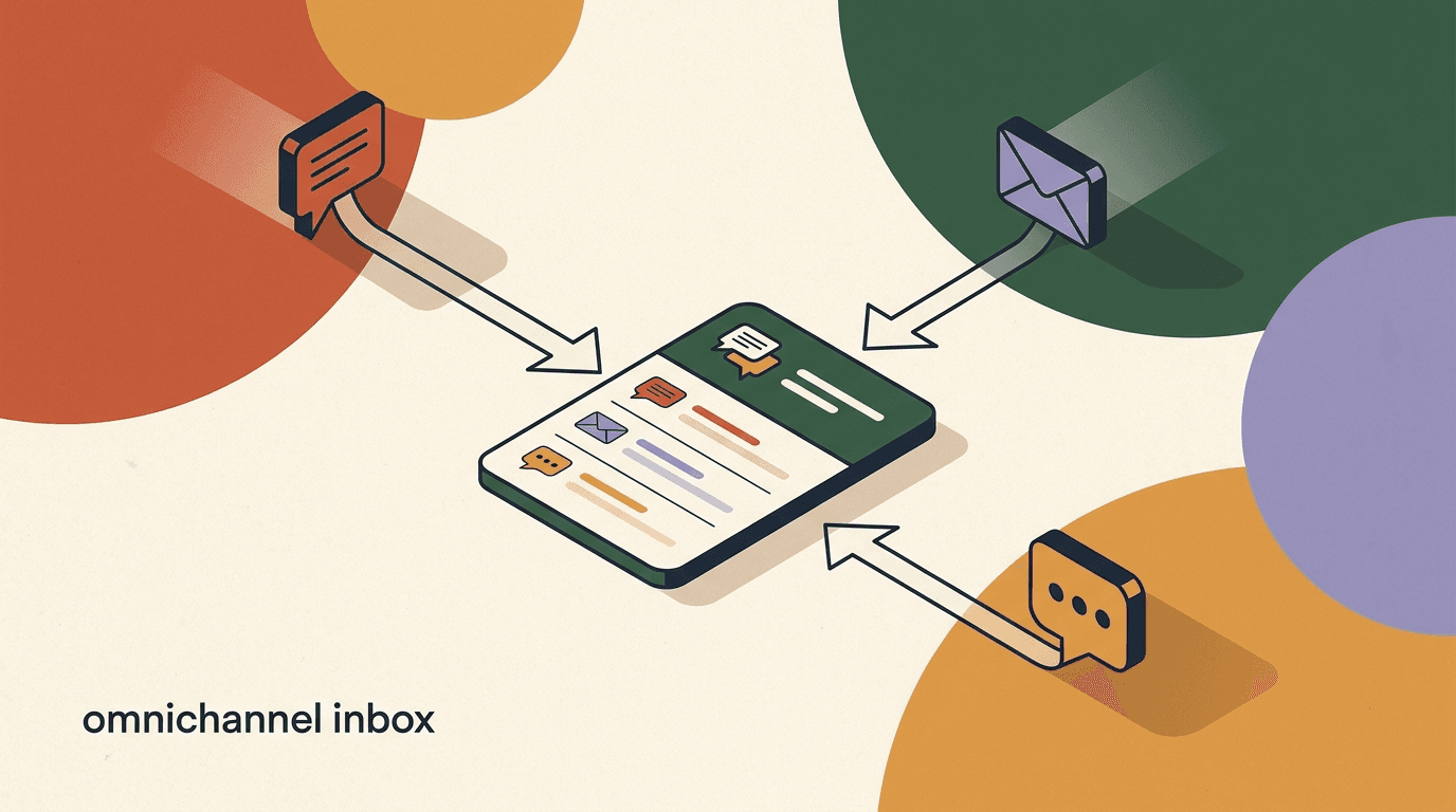 Flat illustration of one omnichannel inbox screen pulling chat bubbles from Instagram, WhatsApp, Telegram, Facebook, TikTok, and X into a single unified thread