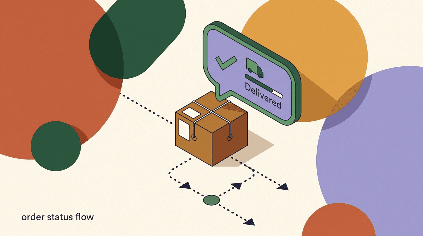 Flat illustration of a WhatsApp chat showing an order status flow with a package, a tracking map pin, and a delivery timeline