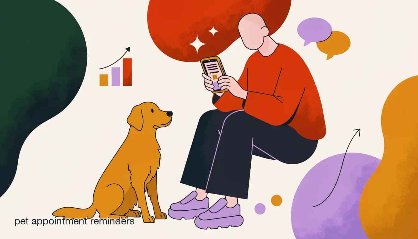 Flat illustration of Pet groomer reviewing automated appointment reminders on a phone with a golden retriever sitting nearby, on Pet Appointment Reminders That Actually Cut No-Shows