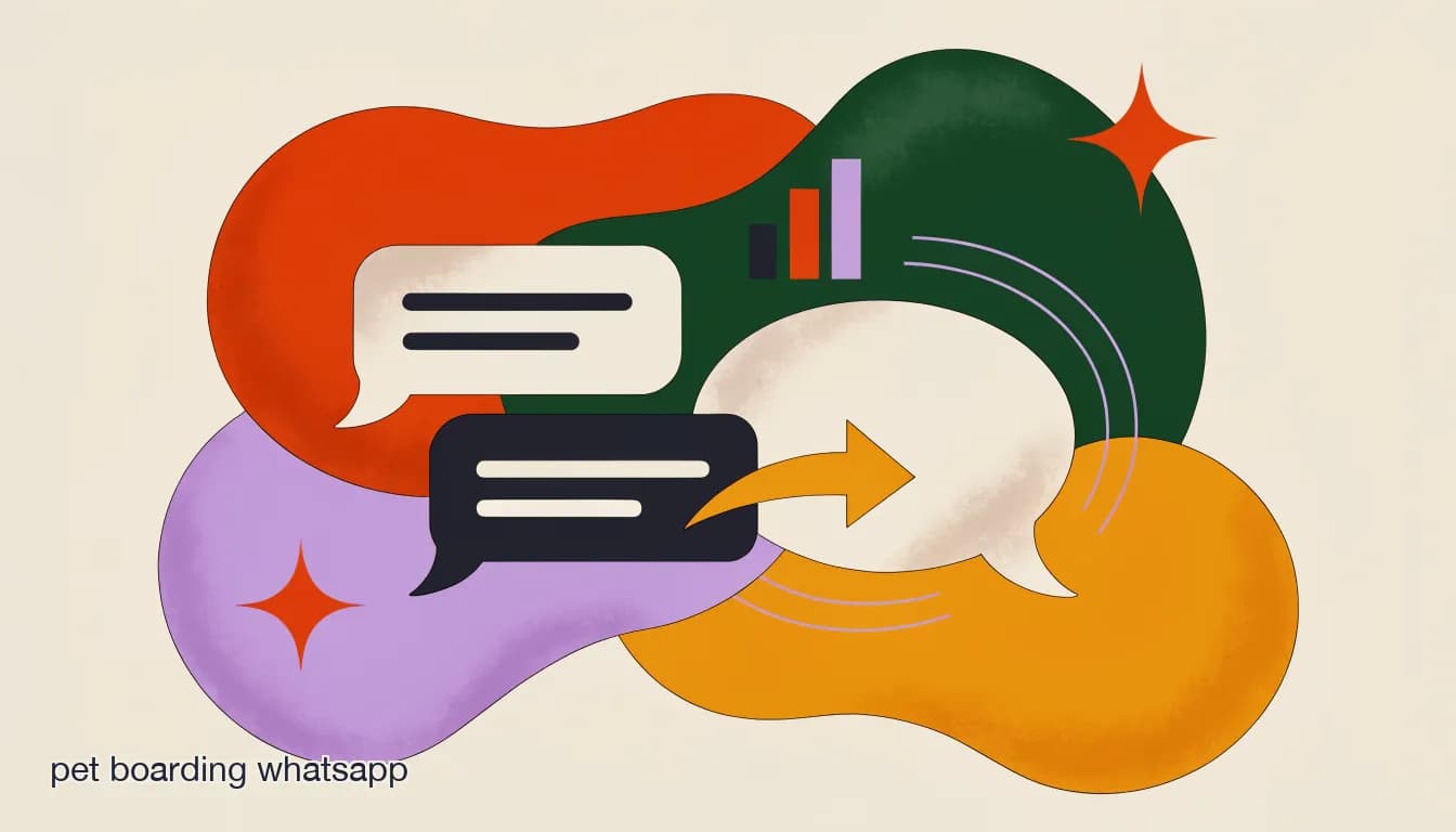 Flat illustration of a pet boarding business receiving a WhatsApp reservation request, sending pre-arrival instructions, and sharing a pet photo update during a stay, on Pet Boarding on WhatsApp: Automating Reservations and Check-In Info