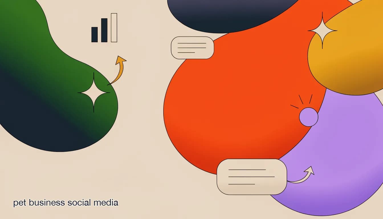 Flat illustration of a pet business Instagram grid with grooming before/after photos and comment bubbles turning into a booked appointment card, on Pet Business Social Media: Turning Followers Into Booked Appointments
