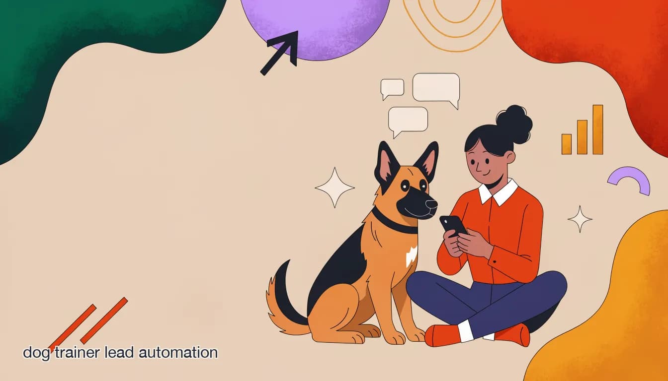 Flat illustration of Dog trainer checking DM inquiries on a phone while a German Shepherd sits attentively in the background, on Dog Trainer Lead Automation: Turning DM Inquiries Into Paying Clients