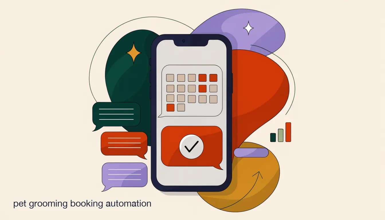 Flat illustration of a dog groomer's phone showing a chat conversation booking an appointment, with a calendar and confirmation checkmark visible, on Pet Grooming Booking Automation: How to Book Appointments Straight From DMs