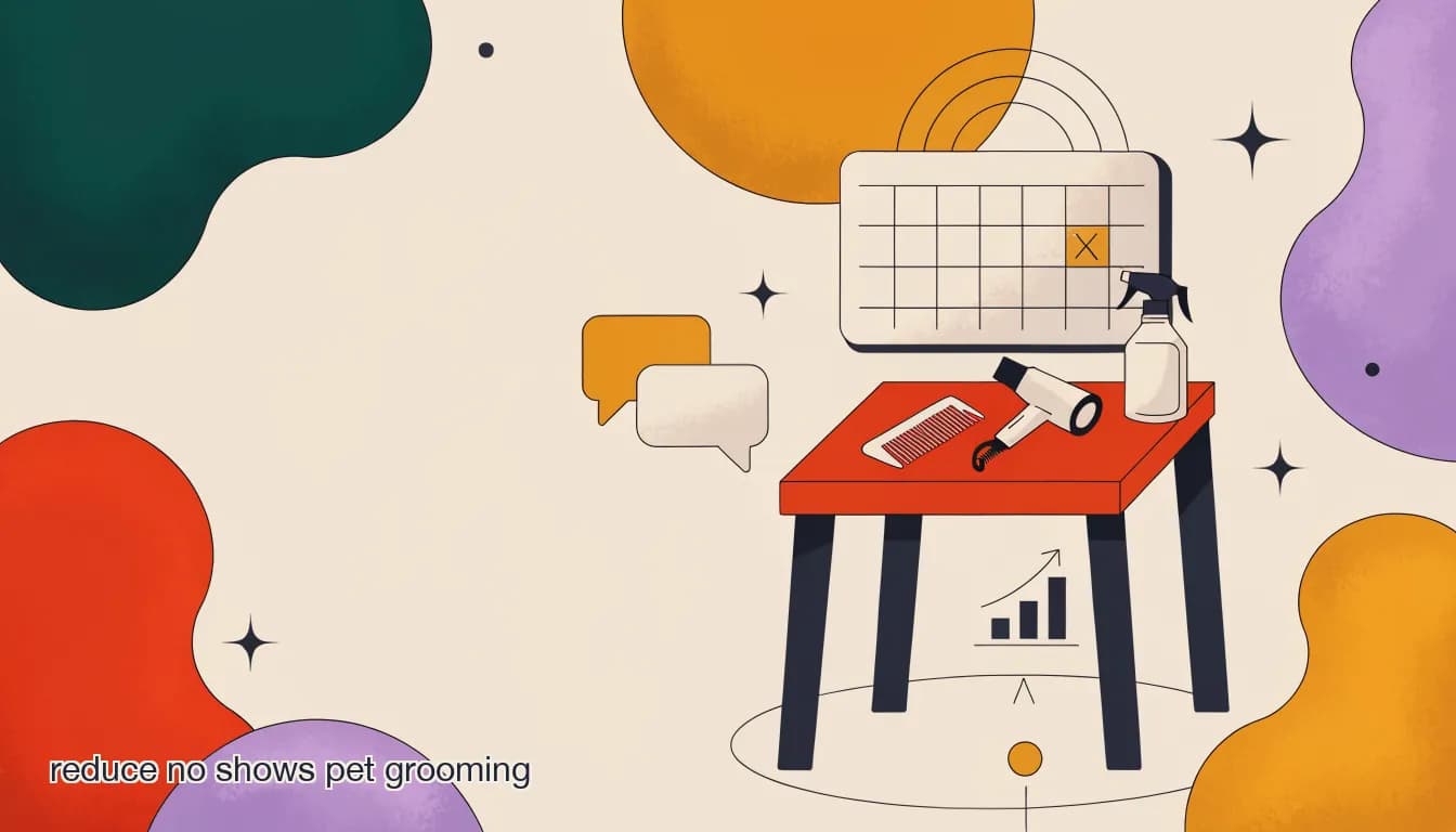 Flat illustration of an empty grooming table with a calendar showing a crossed-out appointment slot, representing a no-show at a pet grooming salon, on No-Shows Are Quietly Draining Pet Grooming Revenue — Here's the Real Cost