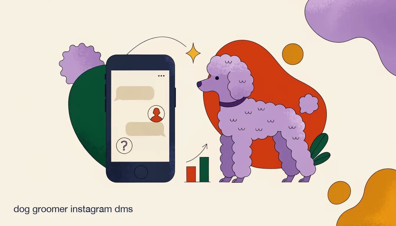 Flat illustration of a phone with an Instagram DM inbox showing an unanswered booking question from a dog owner, next to a groomed poodle, on Why Pet Groomers Are Losing Bookings to Slow Instagram DM Replies