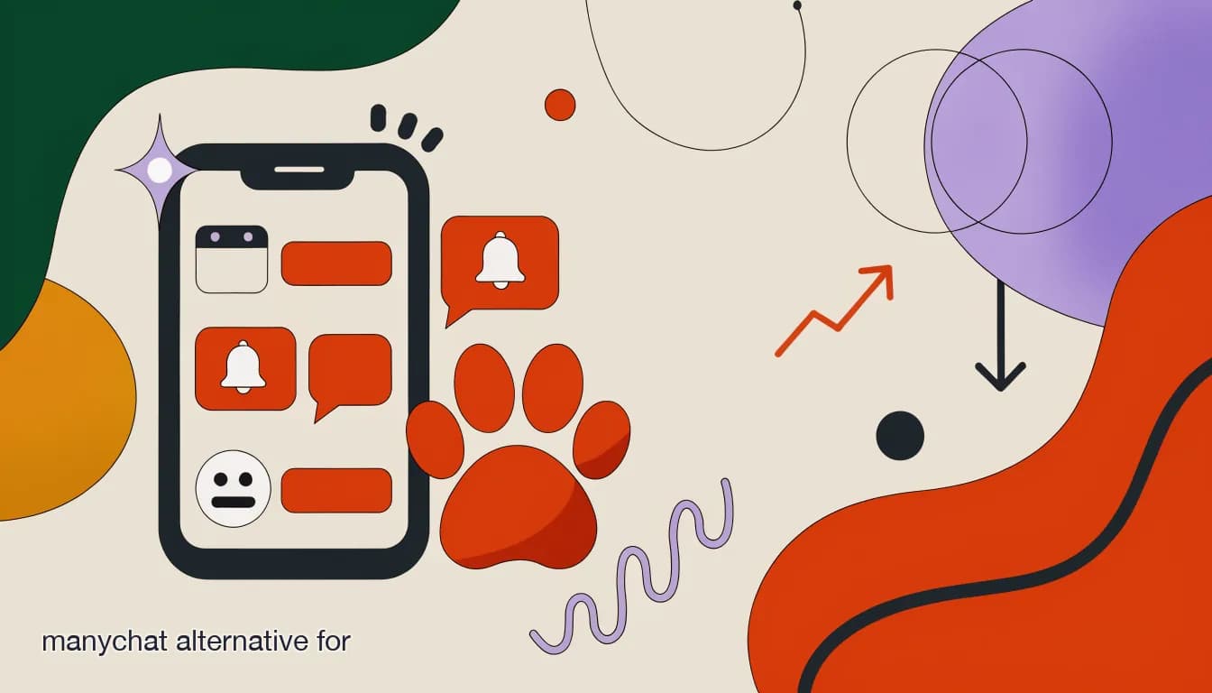 Flat illustration of a dog groomer's phone showing a chat inbox with booking, reminder, and AI agent icons, next to a paw print, on ManyChat Alternative for Pet Groomers and Vet Clinics (2026)