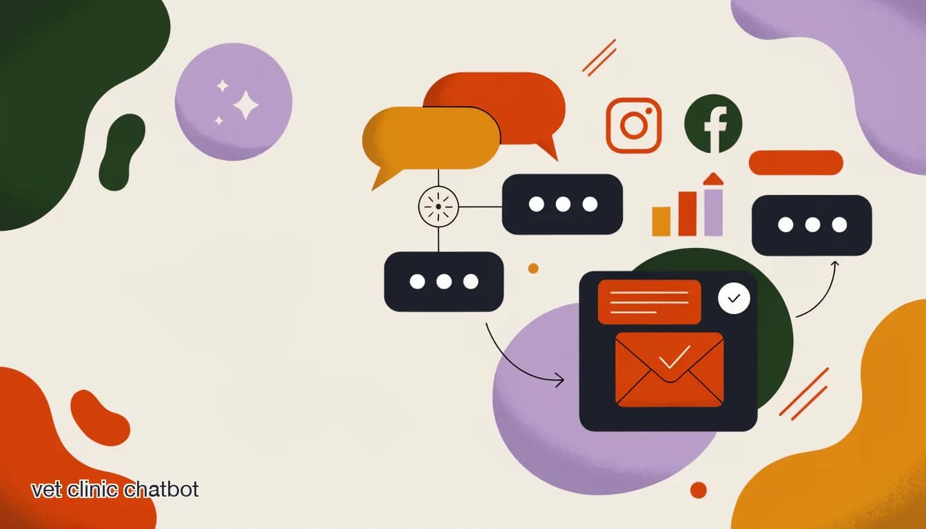 Flat illustration of a vet clinic chatbot routing appointment bookings on Instagram and Facebook while escalating a pet health question to a human vet in a shared team inbox, on Vet Clinic Chatbot: What It Can (and Can't) Do for Your Practice